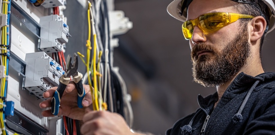 Electrician using pliers to cut extra electrical wire.