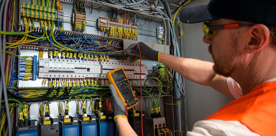 A Electrician using a multimeter to measure the voltage of the electrical circuits.