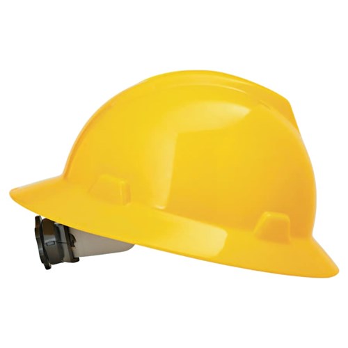 MSA SAFETY Yellow Full Brim V-Gard Hard Hat, Fas-Trac Ratchet Suspension, AZCO Logo 475366-AZCO