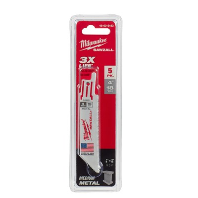 MILWAUKEE 4 in 18TPI SAWZALL® Blade, 5 pk 48-00-5183