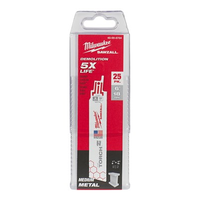 MILWAUKEE 6 in 18 TPI Torch Sawzall Blades, 25 pk 48-00-8784