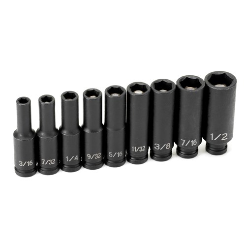 GREY PNEUMATIC 1/4 in Dr 9 pc Deep Magnetic Impact Socket Set, 3/16" to 1/2" 9709DG