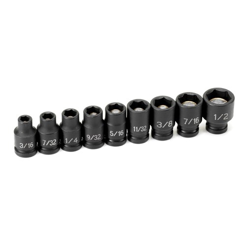 GREY PNEUMATIC 1/4 in Dr 9 pc Magnetic Impact Socket Set, 3/16" to 1/2" 9709G