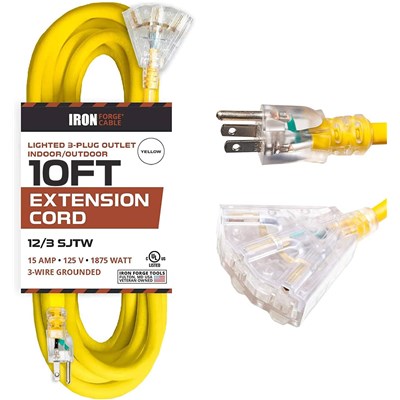 IRON FORGE CABLE 3-Way 12/3 Extension Cord w/ Lighted Power Block, 10 ft G2572044